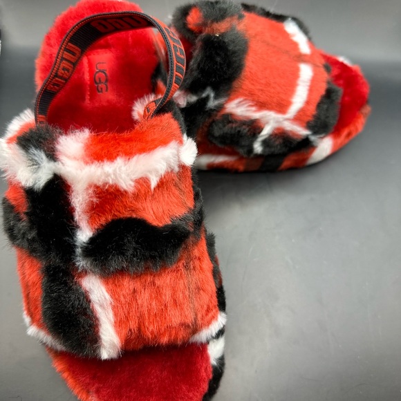 UGG Fluff Yeah Slide Red Tartan Plaid Plush Strap Back Slippers Sandals US 4 - Picture 6 of 11
